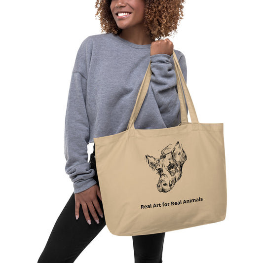 Large organic tote bag, Sadie The Pig (with wording)